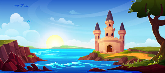 Naklejka premium Fairytale medieval castle with stone walls, high tower, windows and gate doors standing on shore of sea or river on summer sunny day. Cartoon landscape with kingdom palace. Royal mansion with road.