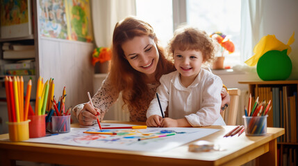 Fototapeta premium Mother and Young Son Enjoying Creative Time with Coloring Activity. Family Bonding and Early Childhood Development Concept