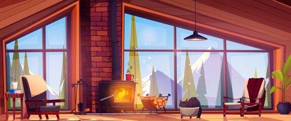 Wooden chalet interior with fireplace. Vector cartoon illustration of cat sleeping in warm living room, vintage armchairs near fire, book on table, winter mountain and fir tree forest view in window - obrazy, fototapety, plakaty