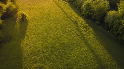 Soothing Greens: A Tranquil Bird's Eye View of a Lush Meadow, Vibrant Greenery, and the Invigorating Texture of Grass in the Warm Embrace of Morning Sunlight - Natural Bliss