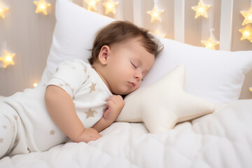 Peaceful Sleeping Baby Embracing Soft Teddy Bear. Purity and Tranquility in Childhood Sleep Concept