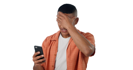 Mistake, glitch and man with phone, frustrated and angry isolated on transparent png background. Stress, anxiety and person with smartphone for connection, technology and email with online loss.