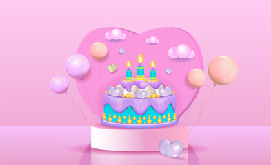 A birthday cake on the podium with icing, candles, balloons, and a heart. Birthday, banner.
Vector illustration. 3d, space for copying.