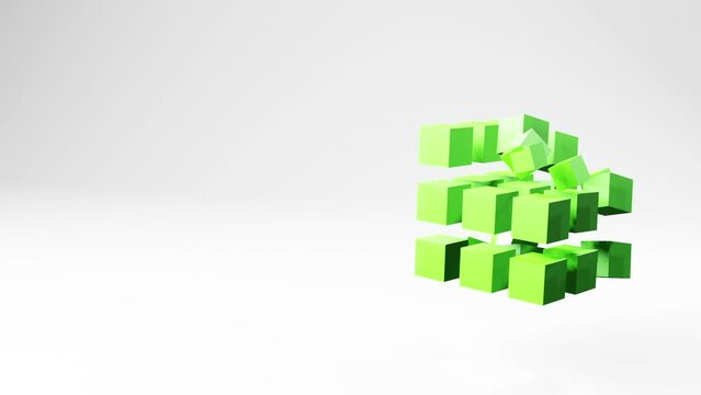 Cube green shape construction in light space, abstract animation motion graphics, video geometric 3d background with copyspace, color geometrical shape made of flying pieces
