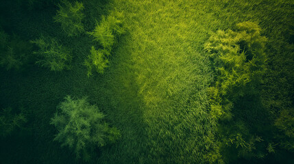 Serenity in Green: A Bird's Eye View of a Lush Green Meadow, Vibrant Foliage, and Textured Grass Bathed in Warm Morning Sunlight - Natural Tranquility