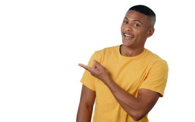 Pointing, smile and portrait of man in presentation, promotion and direction for information. Male person, choice and finger for announcement, marketing and isolated on transparent png background