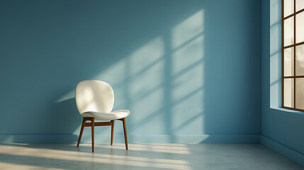 窓から差し込む光に照らされた青い壁と白い椅子