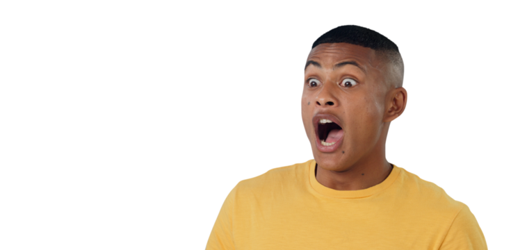 Wtf, surprise and man with gossip, drama and isolated on transparent png background. Male person, news and shock for information, announcement and secret or alarm, overwhelmed and mind blown or omg