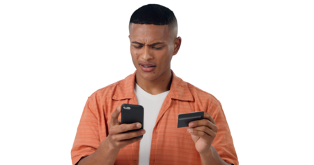 Online banking, credit card and confused man with phone, isolated on transparent png background. Payment, fintech and frustrated person with smartphone, checking for fraud or internet scam on account