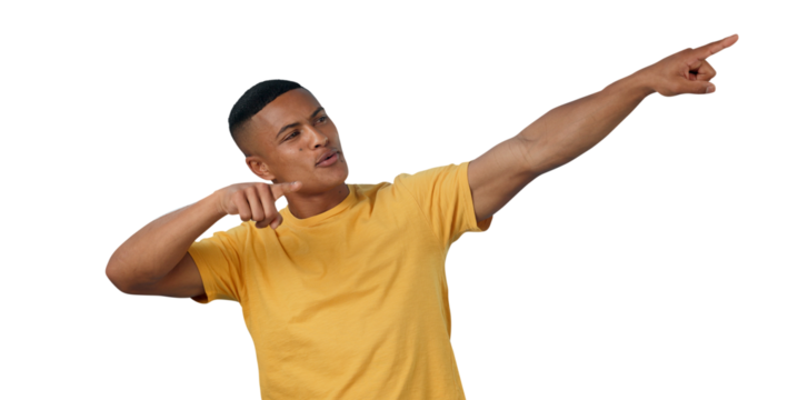 Pointing, presentation and man with offer, discount deal or sale isolated on a transparent png background. Announcement, hand gesture or person with choice, promotion or show information for decision