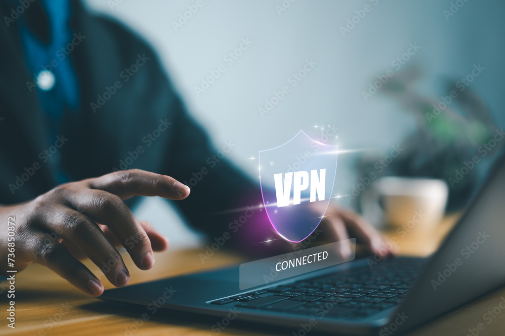 Fototapete VPN Virtual Private network protocol concept, Person use laptop with virtual screen of VPN icon for connect to VPN network.