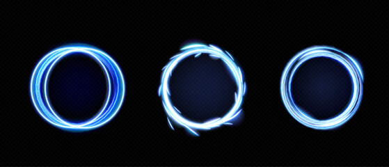 Blue round frames set isolated on transparent background. Vector realistic illustration of circular neon borders glowing with haze and shimmering particles, magic power effect, space portal design
