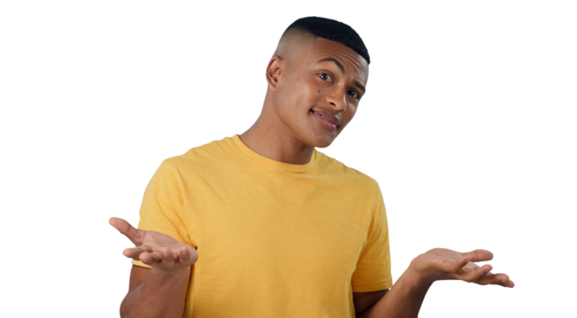Confused, portrait and man shrug with why hands on isolated, transparent or png background. Doubt, questions and male model face with palm scale choice, dont know or whatever, asking or body language