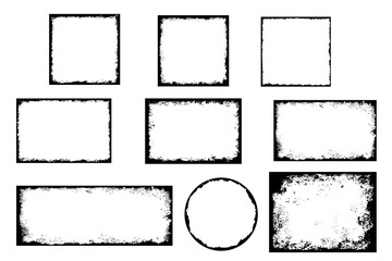 Grunge distressed round set, square and rectangle frame bundle. Ink empty black border. Vector illustration set isolated on white background.