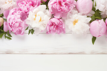 Pink Peonies Frame on White Wooden Background. Floral Design and Spring Celebration Concept