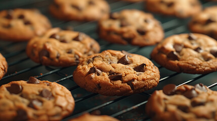 freshly baked chocolate chip cookies on cooling rack