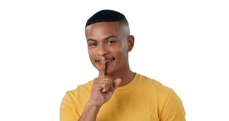 Portrait, secret and man with finger on the lips for mute sign on isolated, transparent or png background. Whisper, hands and model face with emoji privacy, confidential or gossip by word of mouth