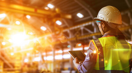 An engineer in a safety vest and helmet uses a tablet to monitor operations at a busy industrial facility with vibrant lighting.
 - obrazy, fototapety, plakaty