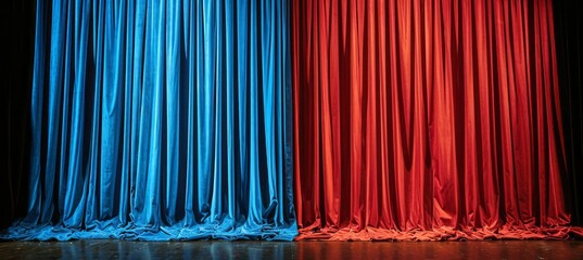 Stage theater curtain. Red and blue colors. Symbolizes the America presidential election democracy choice. Generative AI technology. - obrazy, fototapety, plakaty