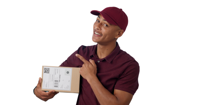 Pointing, courier and portrait of man with package for delivery, shipping or distribution. Smile, parcel and male person with cardboard box for ecommerce order isolated by transparent png background.