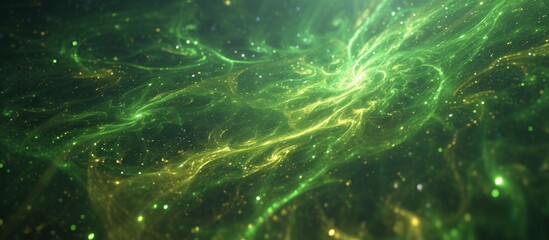 a green and yellow glowing background with a galaxy in the background . High quality