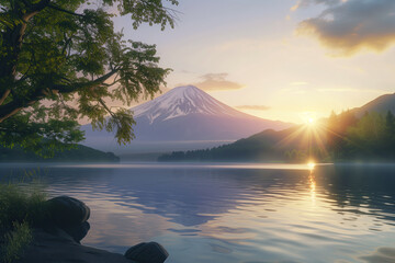 beautiful landscape view of mountain and lake in the morning