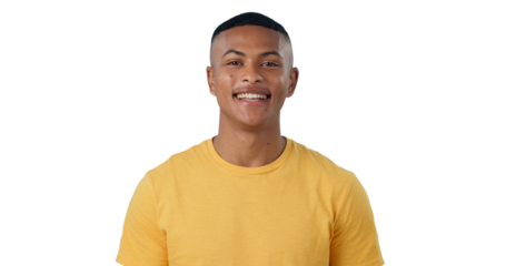 Portrait, man and happy with confidence in casual fashion, satisfaction and trendy clothes in gen z aesthetic. Young brazil model, positive face and funky and isolated on transparent png background