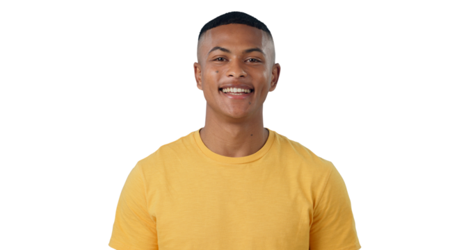 Portrait, man and happy with confidence in casual fashion, satisfaction and trendy clothes in gen z aesthetic. Young brazil model, positive face and funky and isolated on transparent png background