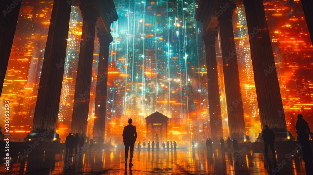 Aufkleber multiple figures in business attire stand in front of a holographic bank building examining a 3d pro