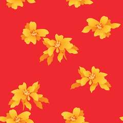 Japanese Gold Flower Leaf Red Background Vector Seamless Pattern
