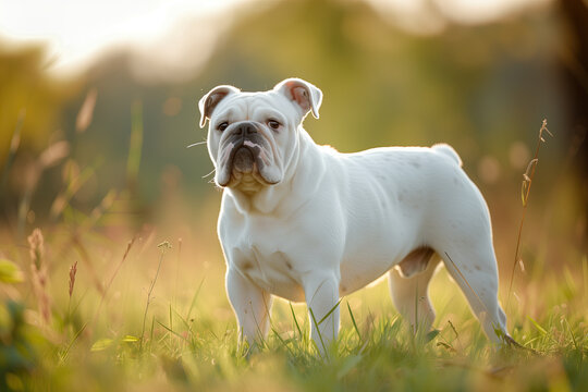 white bulldog standing on grass in summer. french bulldog standing on the meadow