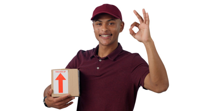Approval, courier and portrait of man with package for delivery, shipping or distribution. Smile, parcel and male person with cardboard box for ecommerce order isolated by transparent png background.