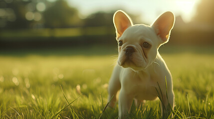 Fototapeta premium white bulldog standing on grass in summer. french bulldog standing on the meadow