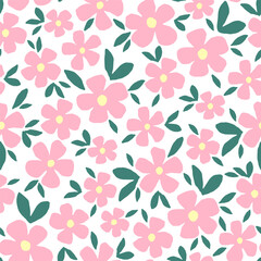 Delicate floral vector seamless pattern. Pink flowers, green leaves on a white background. For prints of fabrics, textiles, clothes. Spring summer collection.