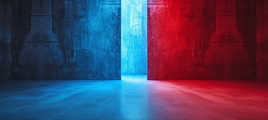 Political colored wall room interior. Red and blue colors. Symbolizes the presidential election democracy choice. Generative AI technology. - obrazy, fototapety, plakaty