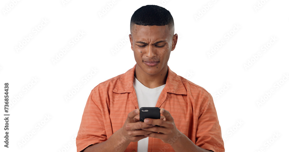 Poster frustrated, networking and man with phone, typing and communication isolated on transparent png back