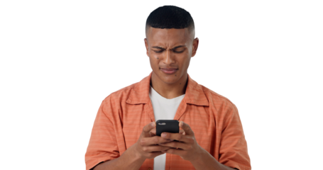 Frustrated, networking and man with phone, typing and communication isolated on transparent png background. Social media, email and confused person with smartphone, connection or signal problem.