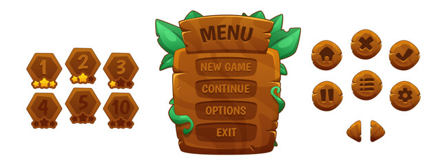 Jungle game ui design elements set - wood menu frame with green tropical leaves, round buttons and level asset with star rating. Cartoon vector illustration kit for adventure mobile game interface