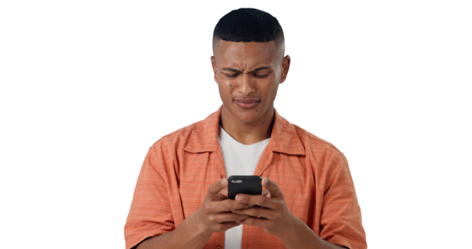 Frustrated, networking and man with phone, typing and communication isolated on transparent png background. Social media, email and confused person with smartphone, connection or signal problem. - Powered by Adobe