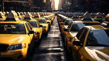 Foto auf Glas Traffic jam of Many modern yellow taxi cars on city roads during a strike in rainy weather. © liliyabatyrova