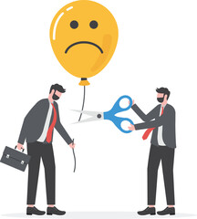 Businessman using scissors to cut rope on anchoring balloon between Positive thoughts shift from feeling sad Optimism and the power of mind to change mood, behavior, decision-making powers.vector

