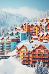 Multi-storey houses of a resort town among snow, mountains and snow-covered trees. The concept of tourism, winter holidays, travel, vertical - obrazy, fototapety, plakaty