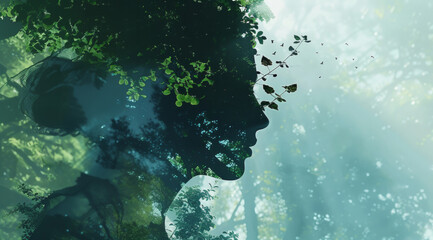 Mindfulness, human and abstract environmental mockup for meditation, zen and ecosystem. Head silhouette, double exposure effect and green overlay backdrop for wallpaper, copyspace and sustainability