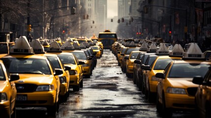 Traffic jam of Many modern yellow taxi cars on city roads in rainy weather.