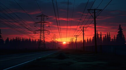 the sun is setting behind a couple of power lines, in the style of light maroon and light green, free-flowing lines, dark blue and yellow, tenwave, uhd image, non-representational, post processing