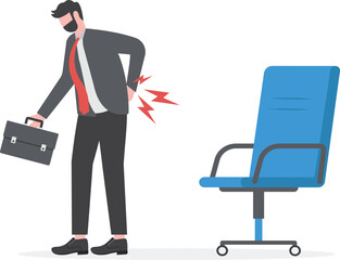 Office syndrome back pain, sitting and work too long causing back ache or inflammation of neck, shoulder and back muscles concept, painful office worker holding his back pain with office chair.


