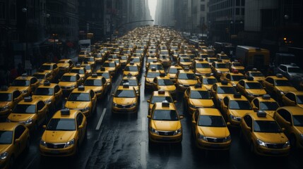 Traffic jam of Many modern yellow taxi cars on city roads during a strike in rainy weather.