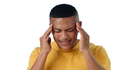 Man, headache and pain with stress or mental health from burnout, challenge or fatigue with hands on temples. Frustrated, person or dizzy with crisis or anxiety isolated on png transparent background