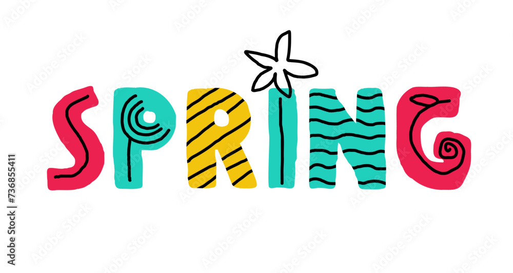 Fototapete spring lettering doodle sketch sign. spring text with naturals elements isolated on white background