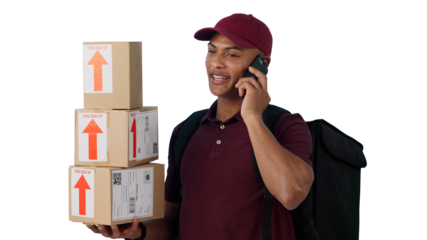 Phone call, courier and portrait of man with packages for delivery, shipping or distribution. Ecommerce, parcel and person on mobile conversation with boxes isolated by transparent png background.